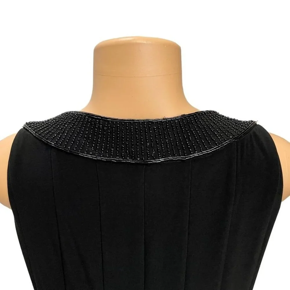 Lauren Ralph Lauren Black Beaded V Neck Pleated A Line Sleeveless Lined Dress 8 - Picture 7 of 14